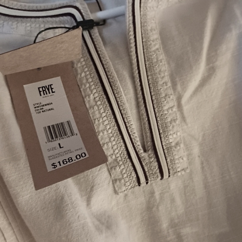 Frye Ladies Large Natural Embroidered Ruffle Notch Neck Top Cotton Top